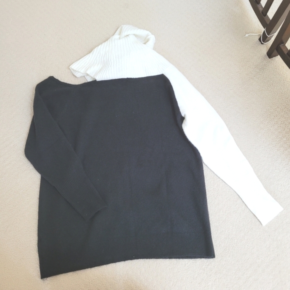 HALOGEN Black & White Turtle Neck Open Shoulder Long Sleeve Sweater Knit - Picture 3 of 6